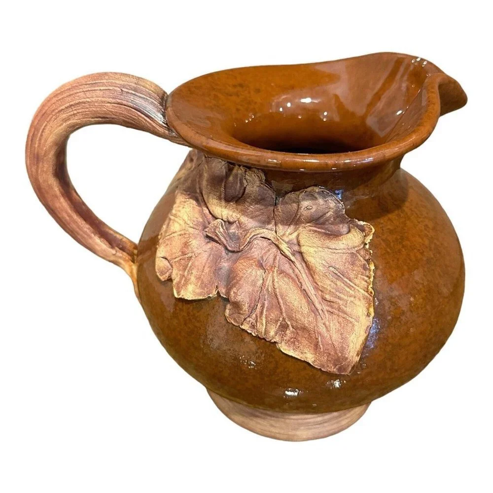 VTG 2001‎ Terrafirma Pottery Drink Pitcher 7 Inch MAE Signed Ceramic Leaf Design